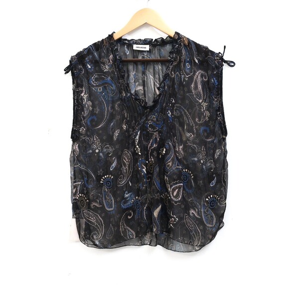 Zadig & Voltaire Thym Paisley Printed Blouse Top Ruffle Pintuck Sheer XS 267437 - Picture 7 of 8